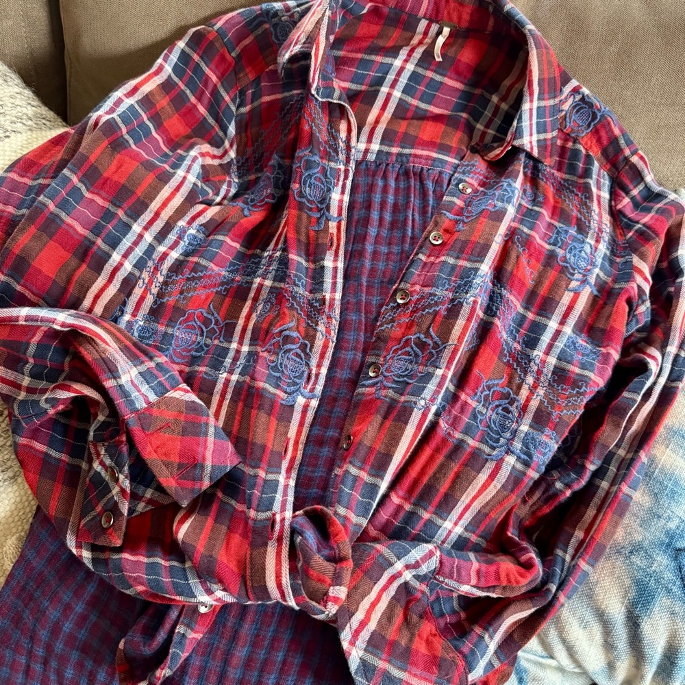 FREE PEOPLE flannel button down shirt, red and blue, embroidered, western style